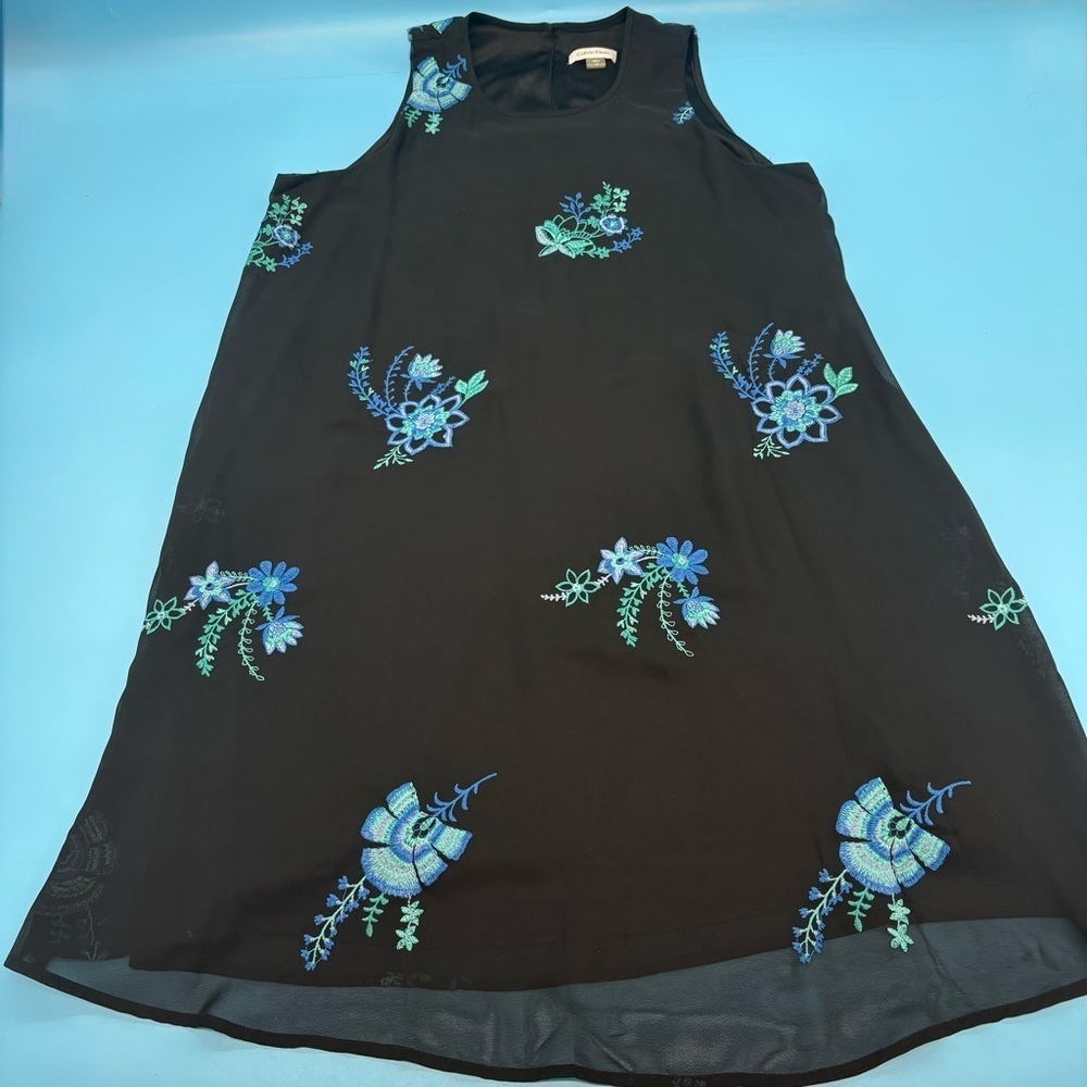 Calvin Klein Shift Knee Length Blue Embroidered Floral Dress Size 12